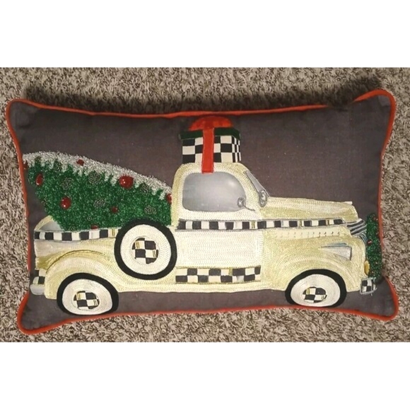 MacKenzie-Childs Farmhouse Holiday Truck Pillow Cotton/Linen Applique Embroidery - Picture 1 of 16